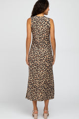 Brown Animal Print Ribbed Side Slit Maxi Dress