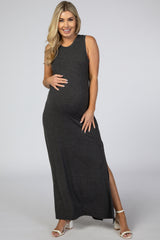 Charcoal Side Slit Maternity Maxi Dress