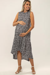 Black Printed Ruffle Hem Hi-Low Maternity Midi Dress