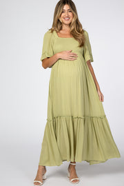 Green Smocked Square Neck Ruffle Hem Maternity Maxi Dress