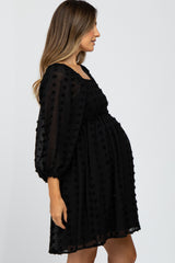 Black Textured Dot Smocked Square Neck Chiffon Maternity Dress