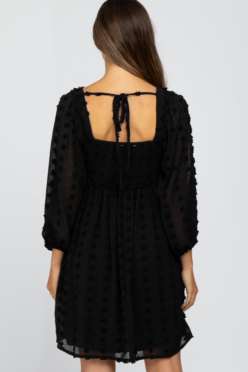 Black Textured Dot Smocked Square Neck Chiffon Maternity Dress– PinkBlush