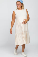 Beige Ribbed Sleeveless Plus Maternity Midi Dress