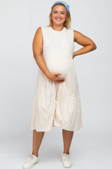 Beige Ribbed Sleeveless Plus Maternity Midi Dress