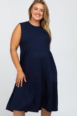 Navy Ribbed Sleeveless Plus Maternity Midi Dress
