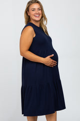 Navy Ribbed Sleeveless Plus Maternity Midi Dress