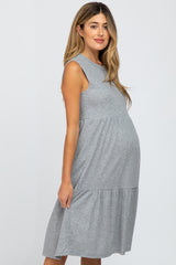Heather Grey Ribbed Sleeveless Maternity Midi Dress