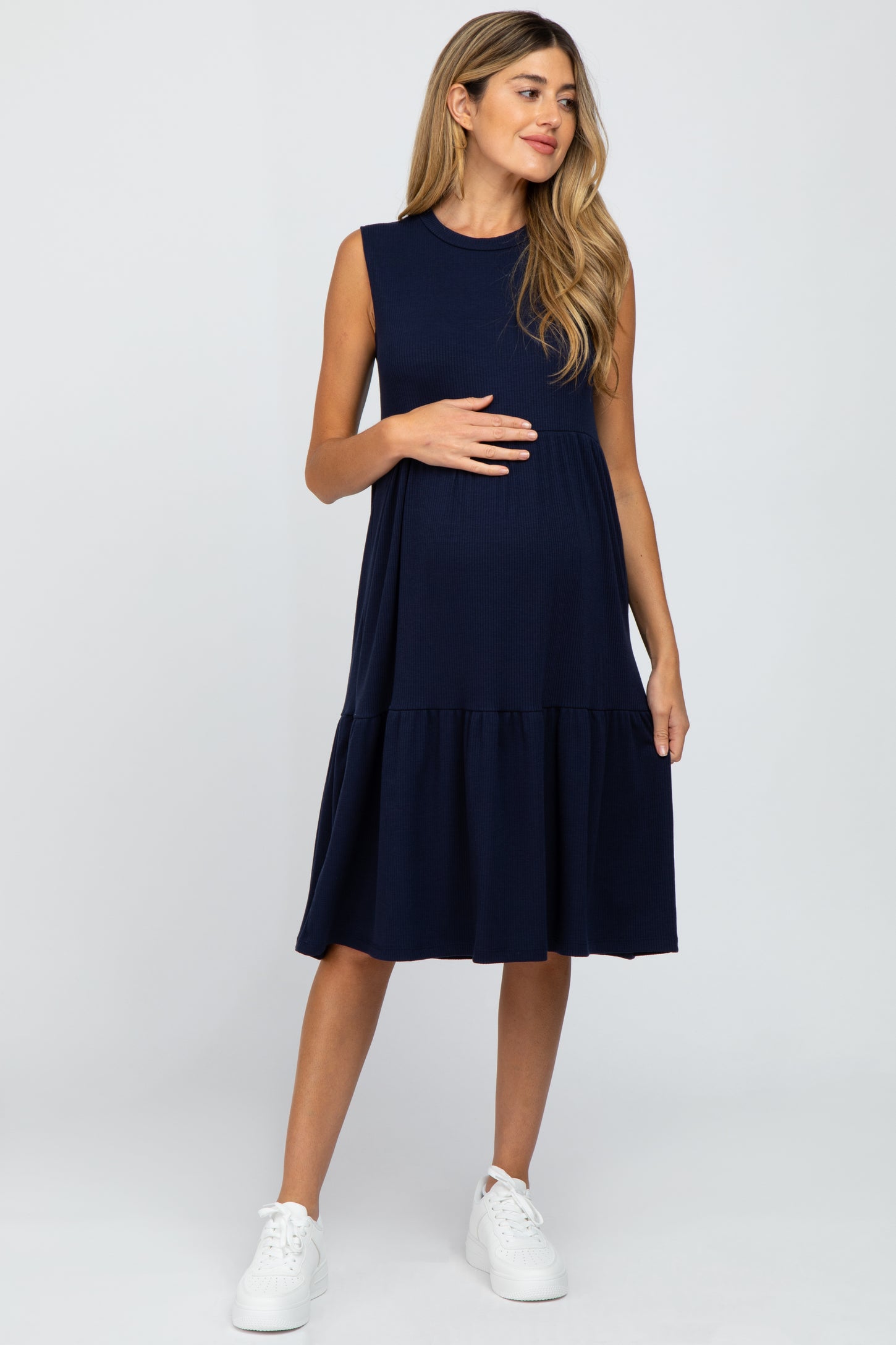Navy Ribbed Sleeveless Maternity Midi Dress