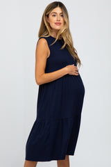 Navy Ribbed Sleeveless Maternity Midi Dress