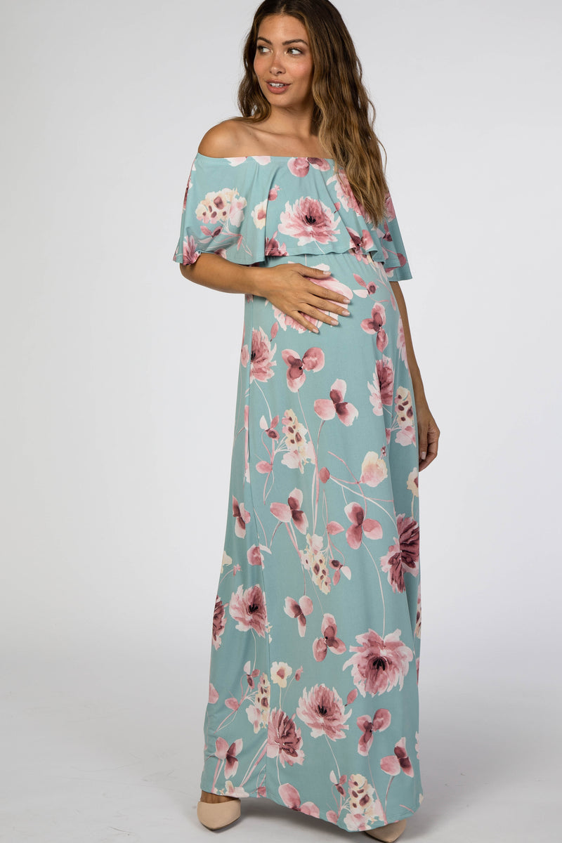 Mint Green Floral Off Shoulder Maternity Maxi Dress– PinkBlush