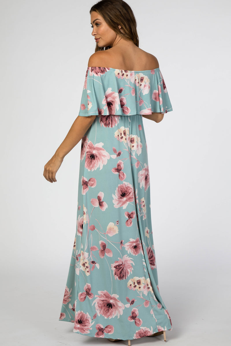 Mint Green Floral Off Shoulder Maternity Maxi Dress– PinkBlush