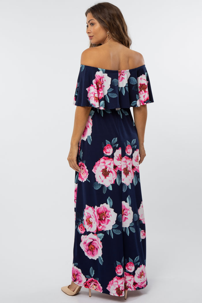 Navy Floral Off Shoulder Flounce Maternity Maxi Dress