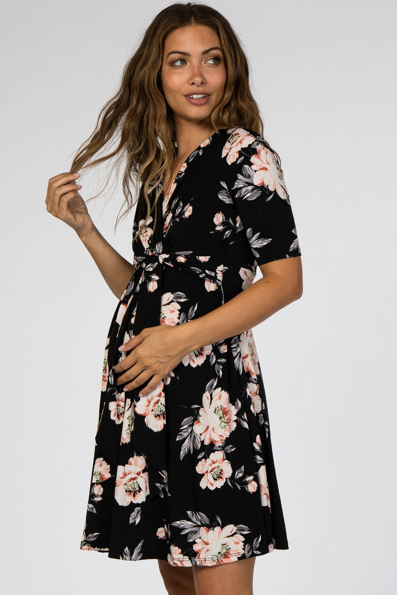 Black Floral Waist Tie Maternity Dress – PinkBlush