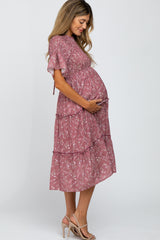 Mauve Floral Smocked Tiered Maternity Midi Dress