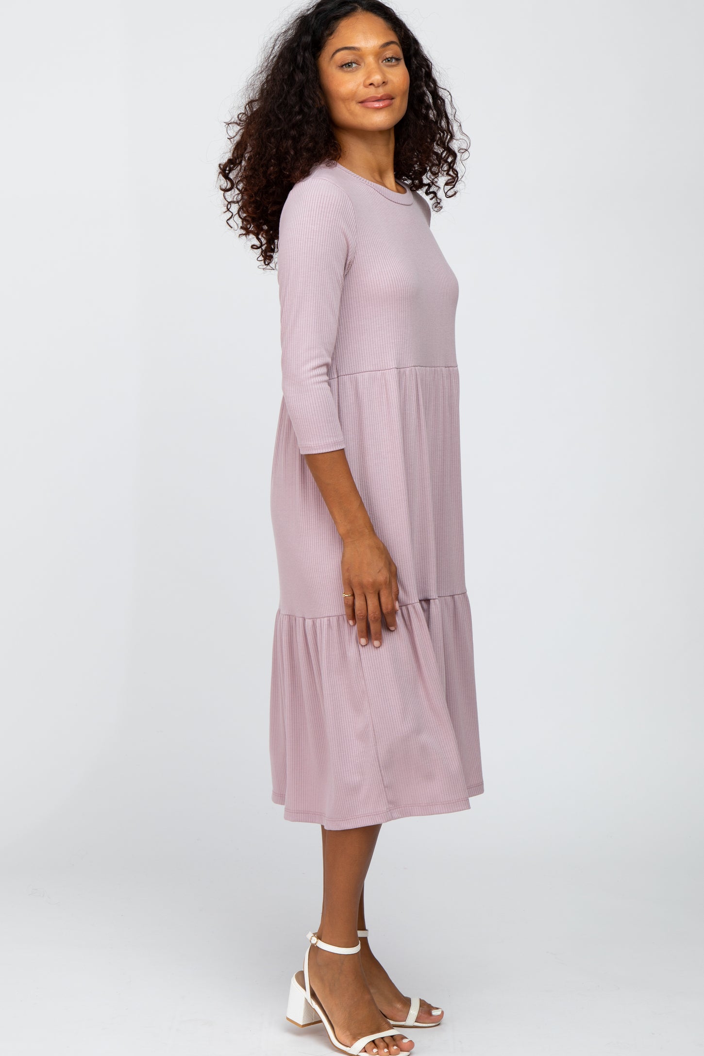 Lavender Tiered Ribbed 3/4 Sleeve Midi Dress Lavender Tiered Ribbed 3/4 Sleeve Midi Dress