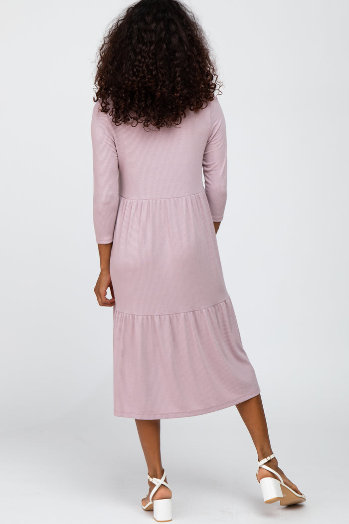 Lavender Tiered Ribbed 3/4 Sleeve Midi Dress