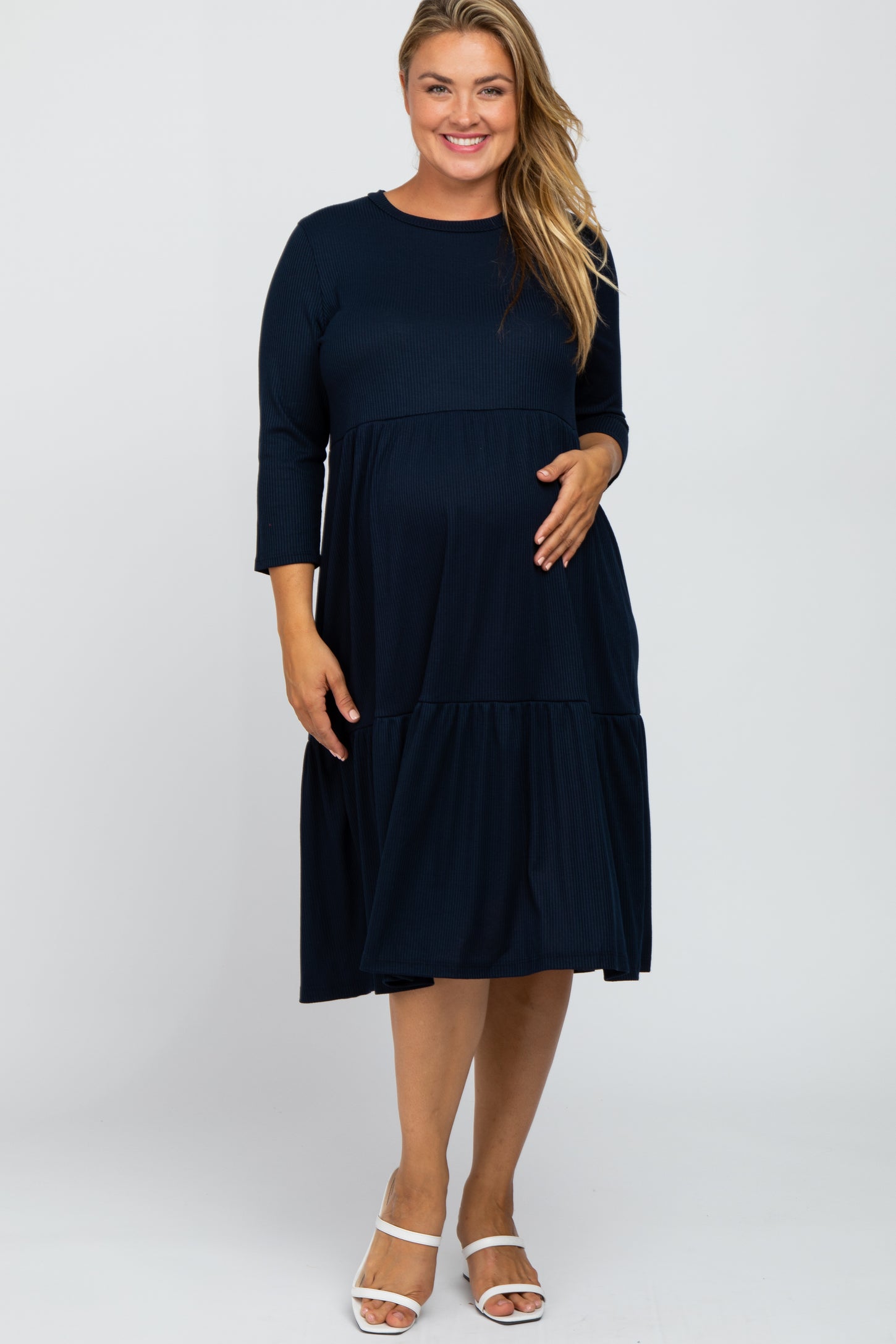 Navy Tiered Ribbed 3/4 Sleeve Plus Maternity Midi Dress