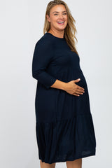 Navy Tiered Ribbed 3/4 Sleeve Plus Maternity Midi Dress
