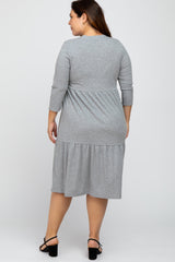 Heather Grey Tiered Ribbed 3/4 Sleeve Plus Midi Dress