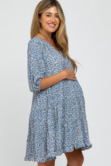 Blue Floral Tiered Smocked Split Neck Maternity Dress