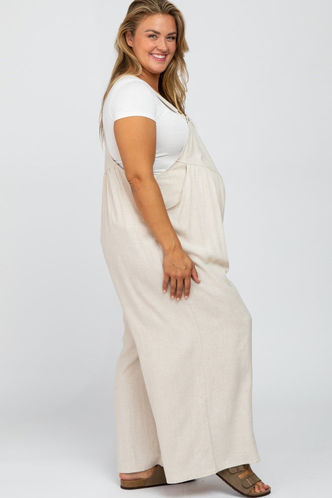 Beige Linen Maternity Plus Overalls – PinkBlush - Main Image