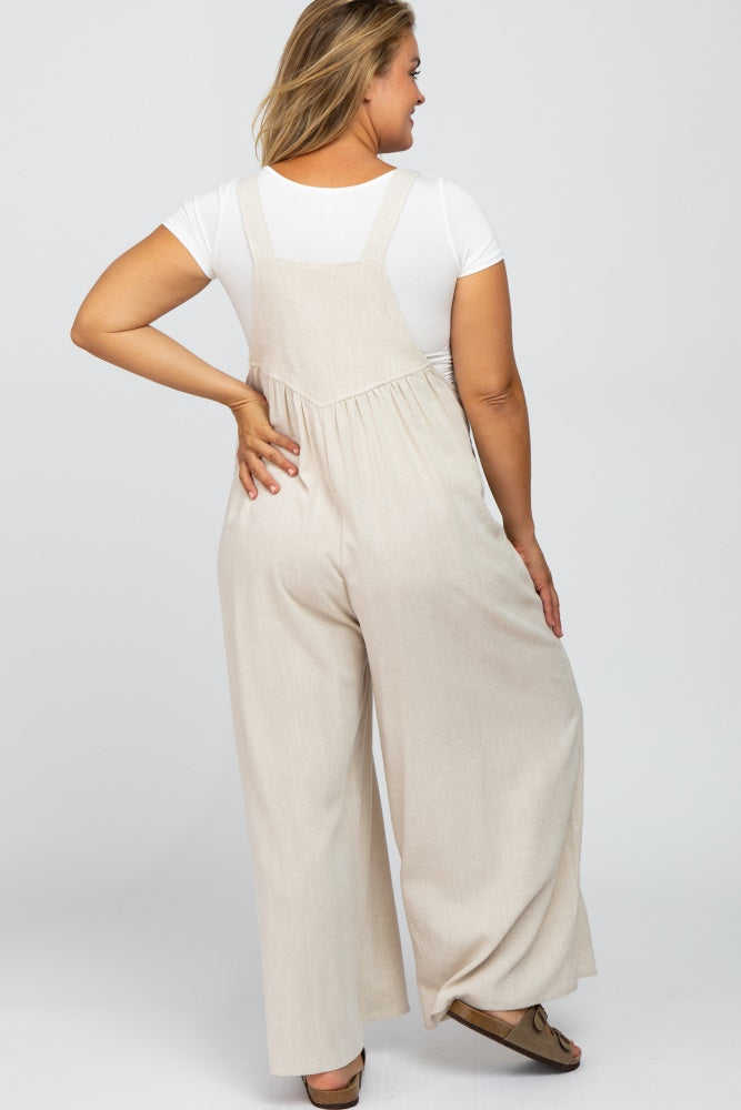 Beige Linen Maternity Plus Overalls