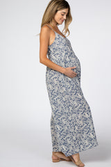 Blue Paisley Print Cropped Maternity Jumpsuit