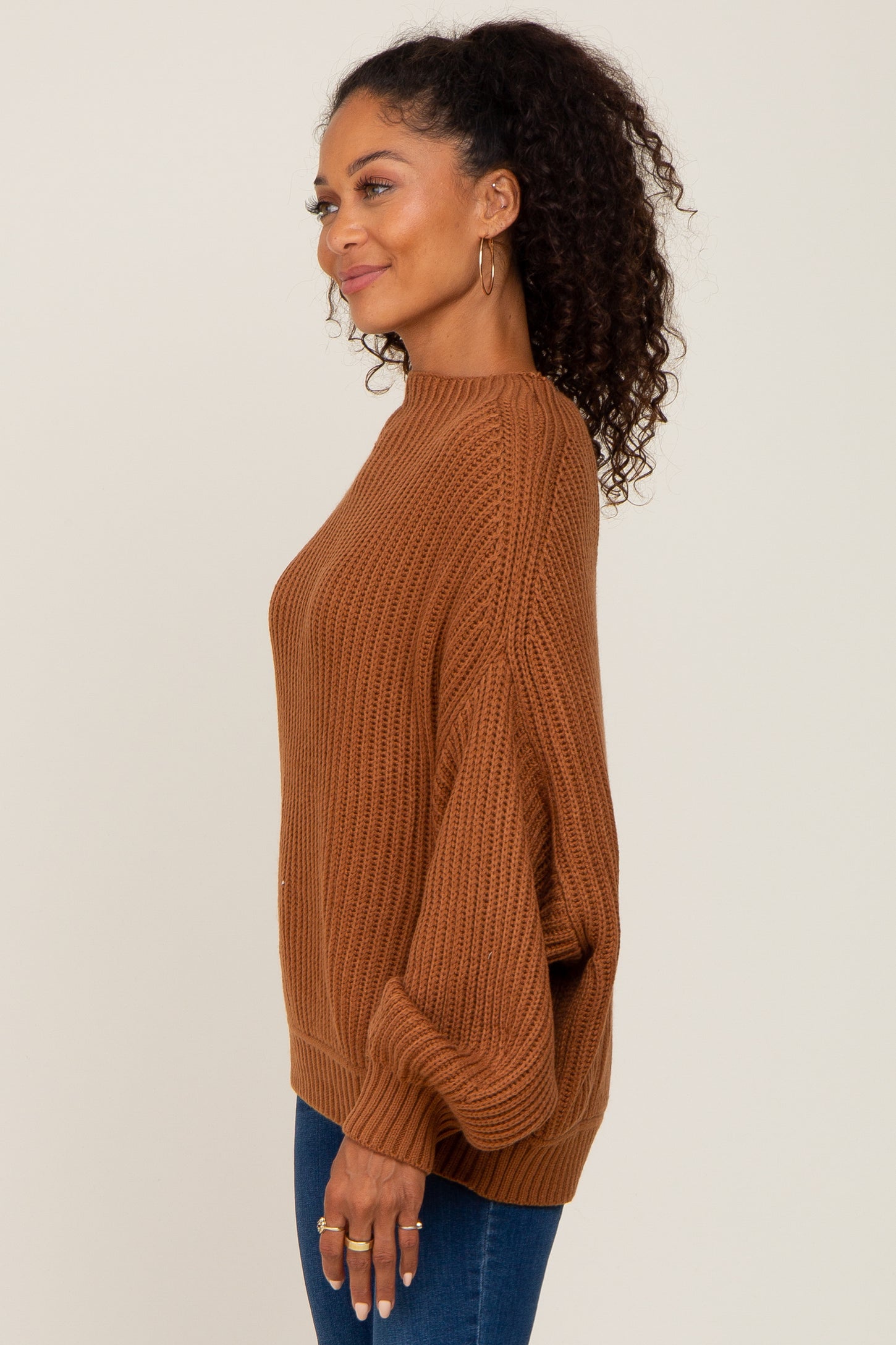 Puff Sleeves Oversize Waffle Knit Sweater in Camel