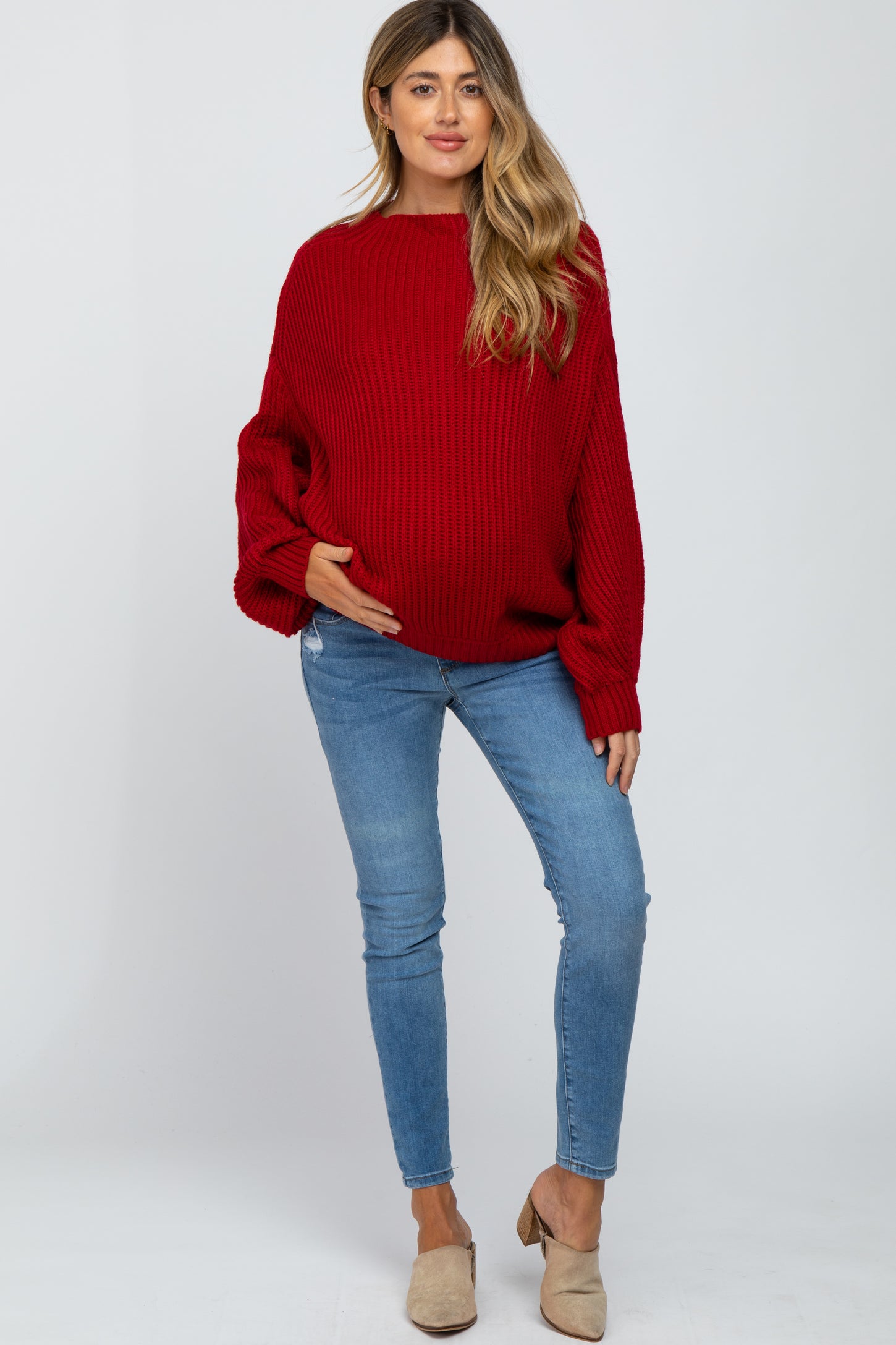 Red Mock Neck Puff Sleeve Maternity Sweater