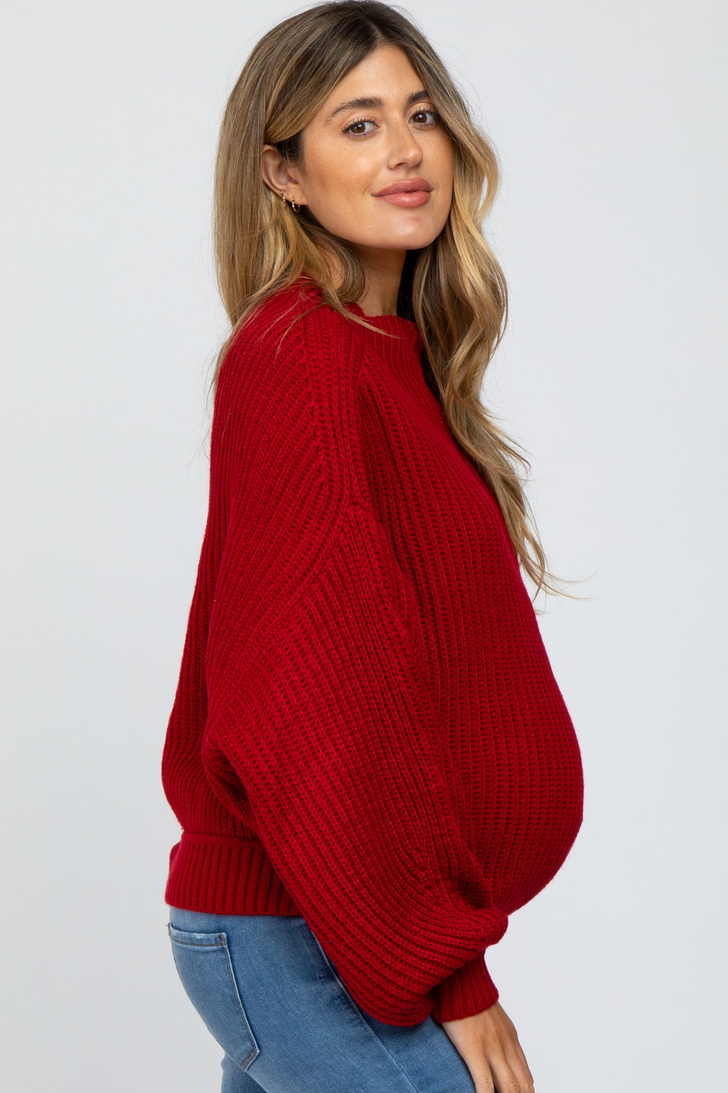 Red Mock Neck Puff Sleeve Maternity Sweater