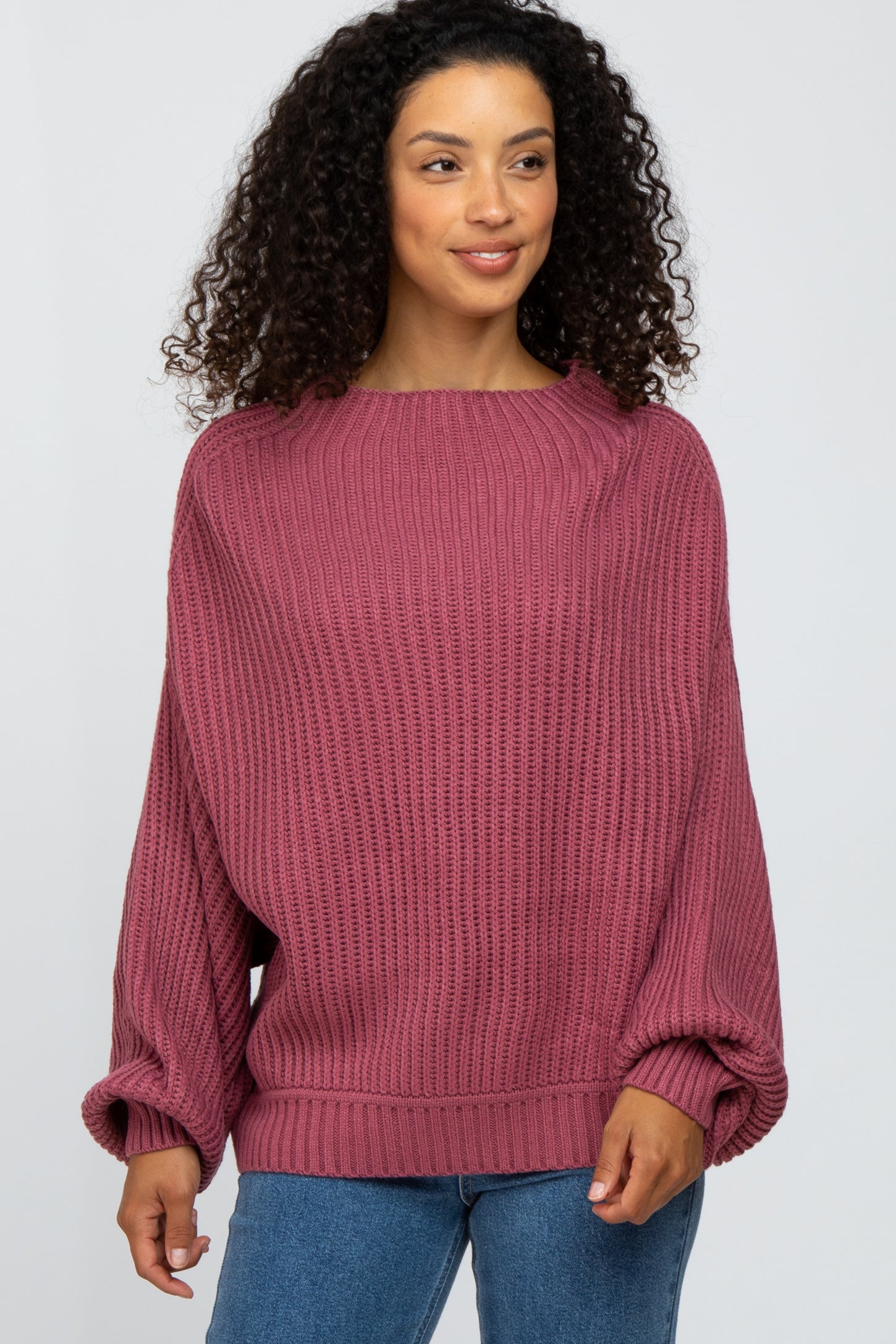 Mauve Mock Neck Puff Sleeve Sweater