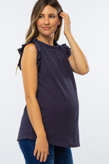 Navy Sleeveless Ruffle Accent Maternity Top