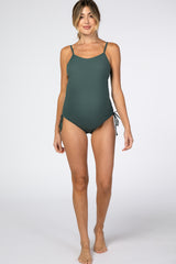 Green Ribbed Side Tie One-Piece Maternity Swimsuit