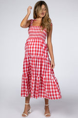 Red Gingham Shoulder Tie Tiered Maternity Dress