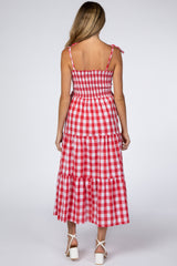 Red Gingham Shoulder Tie Tiered Maternity Dress
