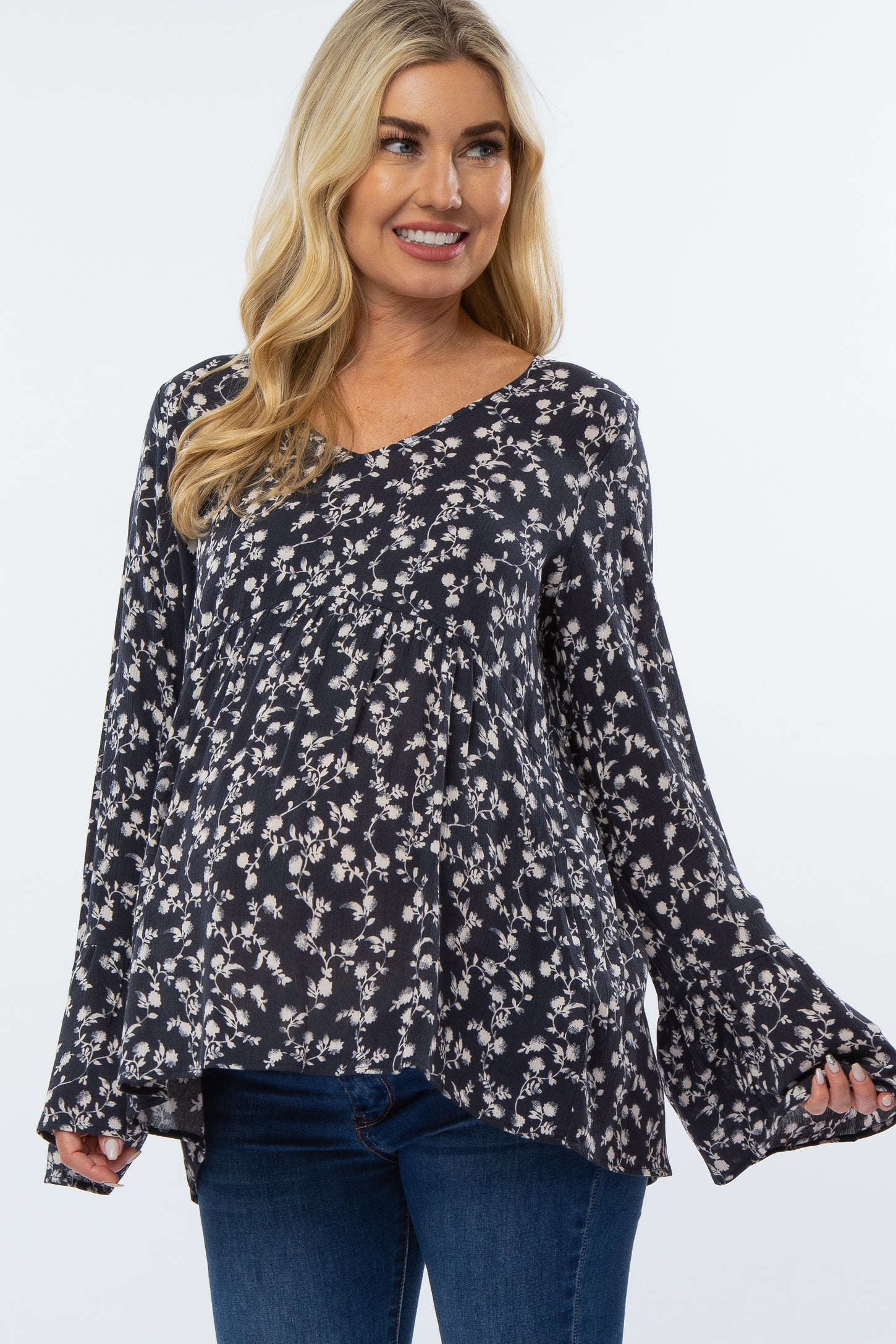 Navy Blue Floral Bell Sleeve Maternity Top