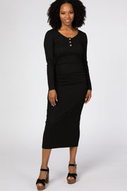 Black Ribbed Fitted Midi Dress