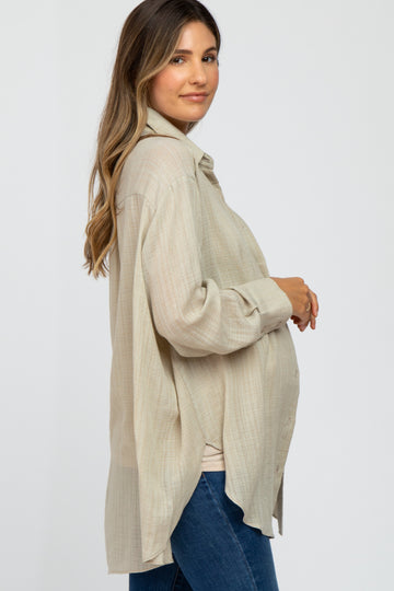 Beige Lightweight Sheer Button Down Maternity Blouse