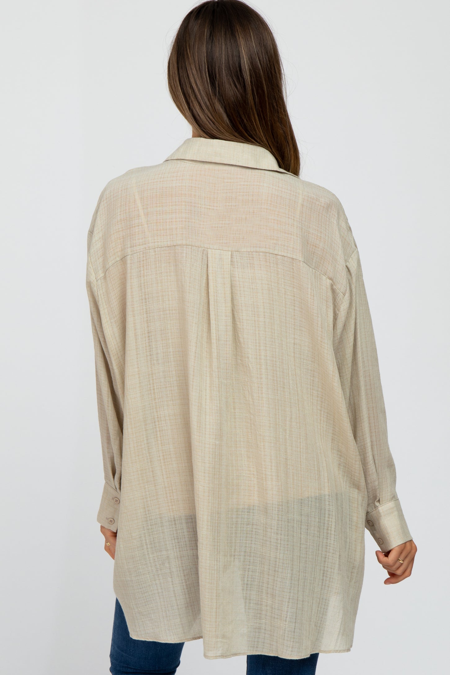 Beige Lightweight Sheer Button Down Maternity Blouse