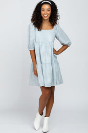 Mint Green Square Neck Checkered Pleated Tier Dress