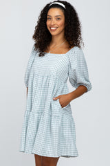Mint Green Square Neck Checkered Pleated Tier Dress
