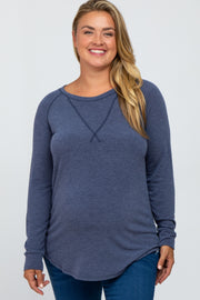 Navy Blue Soft Knit Maternity Plus Long Sleeve Top