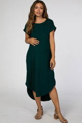 Forest Green Ribbed Curved Hem Maternity Midi Dress