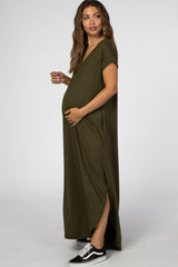 Dark Olive Side Slit Maternity Maxi Dress