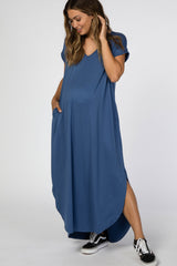 Blue Side Slit Maternity Maxi Dress