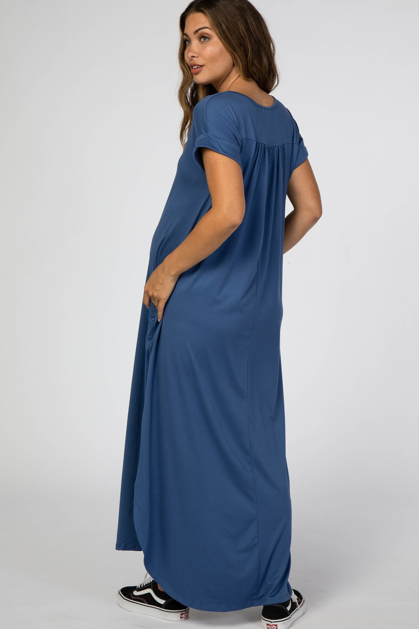 Blue Side Slit Maternity Maxi Dress