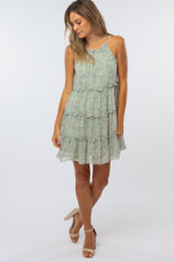 Light Olive Floral Tiered Ruffle Accent Dress