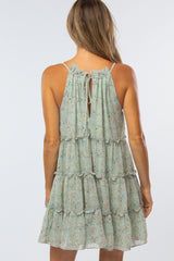 Light Olive Floral Tiered Ruffle Accent Dress