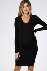 Black Ribbed Fitted Long Sleeve Maternity Dress