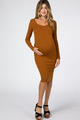 Rust Ribbed Fitted Maternity Midi Dress